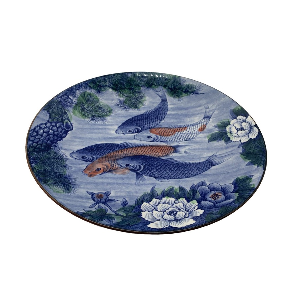 Vintage Japanese Indigo Blue Lotus Flower Koi Fish Plate Platter 12”